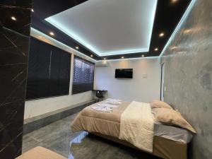 a bedroom with a bed and a tv on the ceiling at Suíte Silver com sofa cama in Santo Antônio do Descoberto