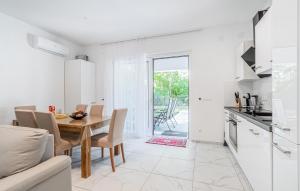 a kitchen and dining room with a table and chairs at Amazing Apartment In Nedescina in Nedeščina