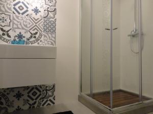 a shower with a glass door in a bathroom at Casa Aveiro Canal da Ria in Aveiro