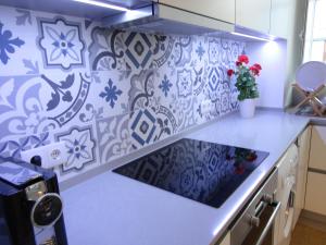 a kitchen with a blue and white patterned wall at Casa Aveiro Canal da Ria in Aveiro