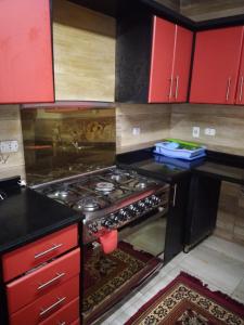 an oven in a kitchen with red cabinets at شقة مفروشه على النيل in Cairo