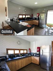 two pictures of a kitchen with a counter and refrigerator at Chalé Exclusivo Condomínio Águas da Serra in Bananeiras