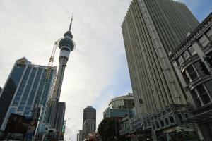 a view of the tv tower in a city at President Hotel Auckland in Auckland