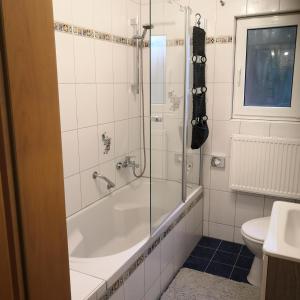 a bathroom with a shower and a tub and a toilet at Ferienhaus am Bach - Deuerling in Deuerling