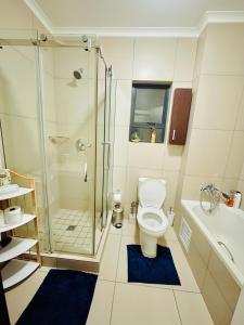 a bathroom with a shower and a toilet and a sink at The Classy West End 1 bed with sleeper couch in Midrand