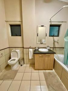 a bathroom with a toilet and a sink and a tub at Stunning spacious Studio apartment in Sandton