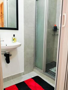 a bathroom with a shower and a sink at Rest Inn C Guesthouse - 10min from OR Tambo Airport in Boksburg +72 photos