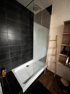 a bathroom with a shower with a bath tub at La Villa Louana 3 Appartement 60m2 ,élégance et indépendance cœur de ville in Aubusson