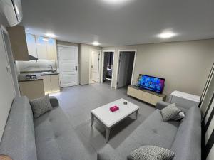 a living room with a couch and a table and a tv at 7 Days Hotel in Umm Uthainah