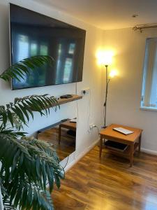 a living room with a large flat screen tv on the wall at Plympton Annex - Apartment in Plymouth