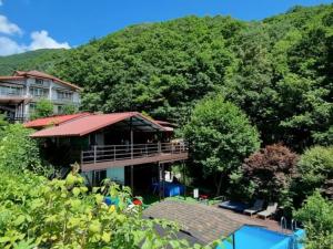 a view of a house with a mountain in the background at Hwacheon Myeongjiryeong Valley Pension in Hwacheon