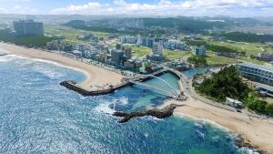 an aerial view of a beach and the ocean at Gangneung Gyeongpodae S9 Beach Familyspa in Gangneung +10 photos