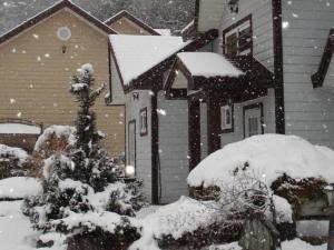 a house covered in snow with a christmas tree at Eoullim Pension - Moonlight Yard in Pyeongchang 