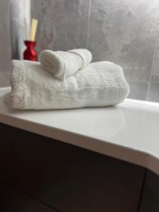 two towels sitting on top of a bathroom counter at New built cosy apartment within walking distance of Churchill Hospital in Oxford +45 photos