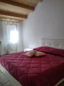 a bedroom with a red bed with a red comforter at La casa di Alice in Venice