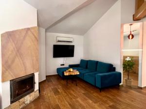 Una sala de estar con un sofá azul y una chimenea. en Gajówka Pilica 45A, en Łęg Ręczyński
