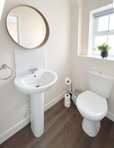 a bathroom with a sink and a toilet and a mirror at Wellington Road Apartment 4 in Southtown