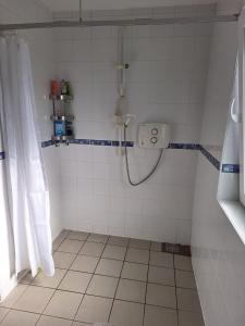 a shower in a tiled bathroom with a shower curtain at Independent Studio Apartment in Wicklow +15 photos