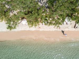 a man standing on a beach with a surfboard at Sani Club in Sani Beach