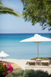 two chairs and an umbrella on the beach at Sani Club in Sani Beach