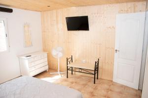 a bedroom with a bed and a chair and a television at Villa las rosas in Agaete