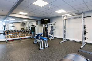 a gym with several treadmills and weights at Radisson Hotel Kaunas in Kaunas