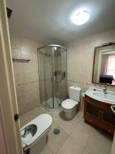 a bathroom with a shower and a toilet and a sink at Margas Golf Apartment in Sabiñánigo