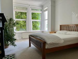 a bedroom with a bed and two windows at Entire Victorian House 3 bedrooms in Mannamead
