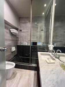 a bathroom with a shower and a sink and a toilet at Los Pinos Resort & Spa Termal All Inclusive in Termas de Río Hondo +59 photos