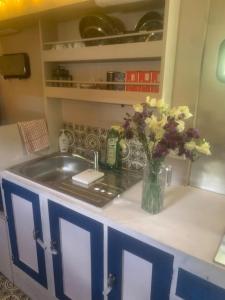 a kitchen sink with a vase of flowers on a counter at Solar Powered Hideaway in Fishbourne