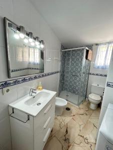 un bagno con lavandino, WC e specchio di Apto Córdoba FAMORCAS ad Almodóvar del Río