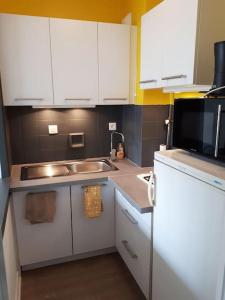a kitchen with white cabinets and a sink and a microwave at Joli studio au centre ville in Aix-les-Bains