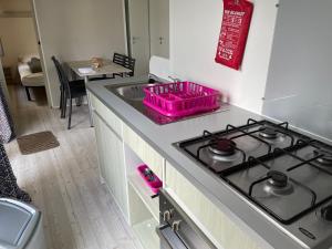 une cuisine avec une cuisinière et un conteneur rose. dans l'établissement Mobilhome 29, à Bérigny