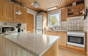 eine Küche mit Holzschränken und einer Arbeitsplatte in der Unterkunft Holiday Home Malurtvej Aakirkeby Iv in Vester Sømarken