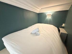 a bedroom with a white bed with a green wall at Appartement Grand Place de Lille - 2 voyageurs in Lille
