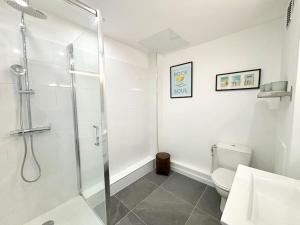 a white bathroom with a shower and a toilet at Appartement Grand Place de Lille - 2 voyageurs in Lille