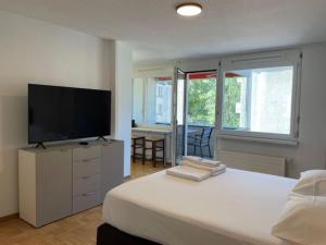 ein Schlafzimmer mit einem großen Bett und einem Flachbildfernseher in der Unterkunft Bright and practical Studio - Art 16 in Zürich