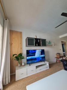TV a/nebo společenská místnost v ubytování Nice and cozy flat with pool next to the beach