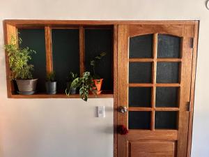 a door with potted plants on a shelf at Wunderschönes Haus mit großer Terrasse in Sauce