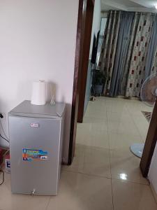 a small refrigerator with a roll of toilet paper on top at Luxiaa Apartments LTD in Lemba-Gaba +10 photos