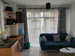 a living room with a blue couch in front of a window at Cozy Studio with a Swimming Pool in Nairobi