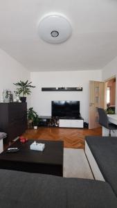 a living room with a couch and a flat screen tv at Útulný apartmán Košice v kľudnej lokalite in Myslava