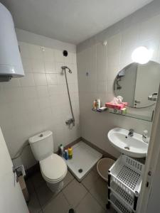 une salle de bain avec toilettes, lavabo et miroir dans l'établissement Pejić Guest House, à Paliouri 24 autres photos