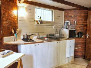 a kitchen with wooden walls and a sink and a stove at Les Cabanes du Voyageur in Sainte-Marie