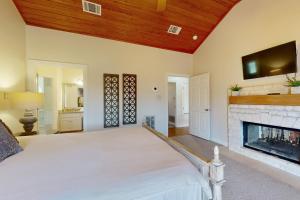SpicewoodにあるRegal Riverfront Retreatのリビングルーム(ベッド1台、暖炉付)