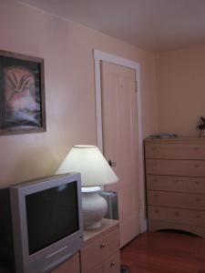 a living room with a tv and a lamp and a dresser at Kelowna Okanagan Lake Hostel in Kelowna
