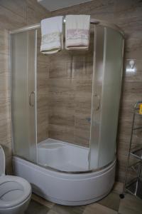 La salle de bains est pourvue d'une douche, de toilettes et de serviettes. dans l'établissement Biser apartman, à Belgrade