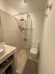 une salle de bains avec douche, toilettes et lavabo dans l'établissement FLOR DE PASCUA Los Gigantes, à Acantilado de los Gigantes 16 autres photos