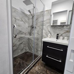 a bathroom with a shower and a sink at Garsoniera Delia in Braşov