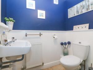 a bathroom with a white toilet and a sink at Nant-yr-Rhedyn in Benllech +47 photos